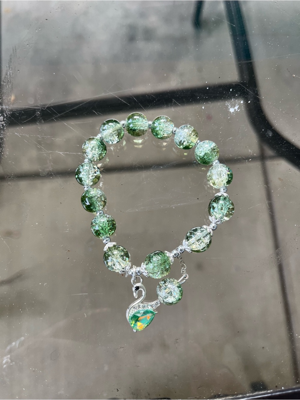 Green Crystal Bead Bracelet with Swan Charm -